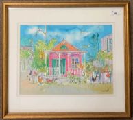 Martha De Poo (American, 20th /21st century), Key West street scene, watercolour and ink, signed,