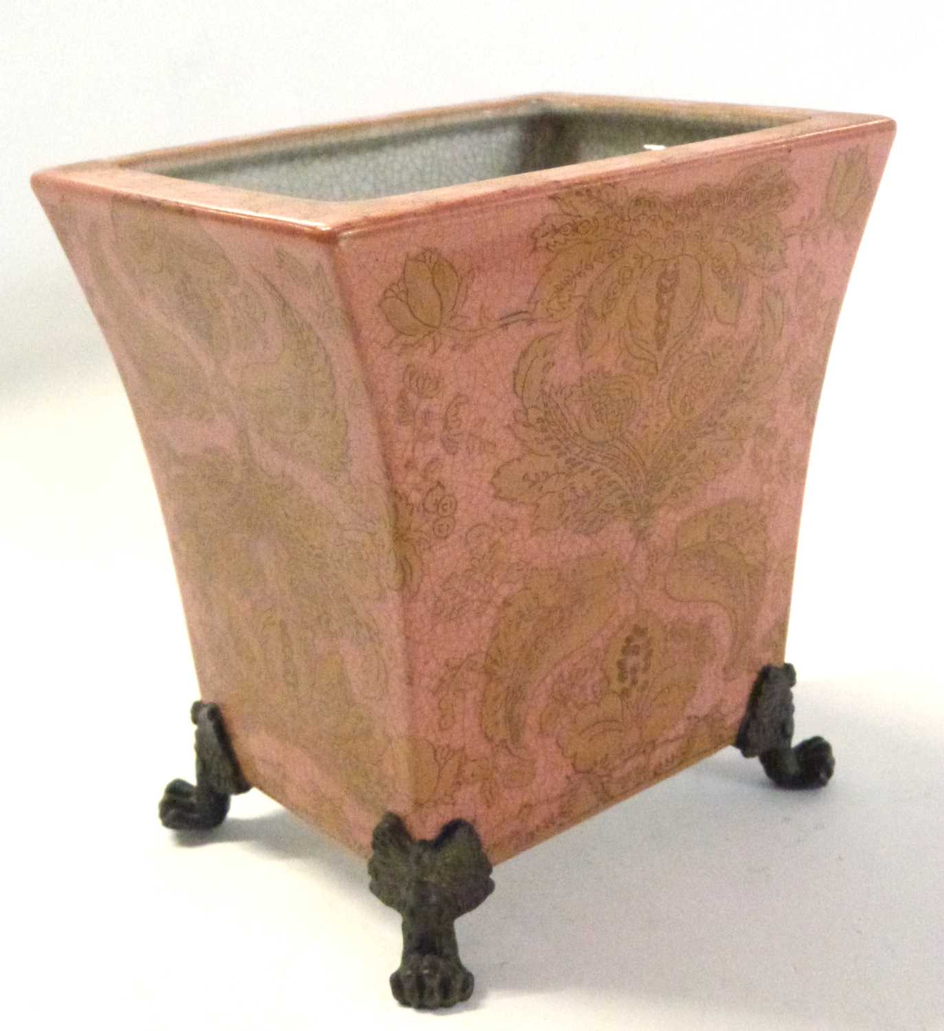 A continental porcelain jardiniere raised on four gilt scroll feet, the pink ground with floral - Image 3 of 4