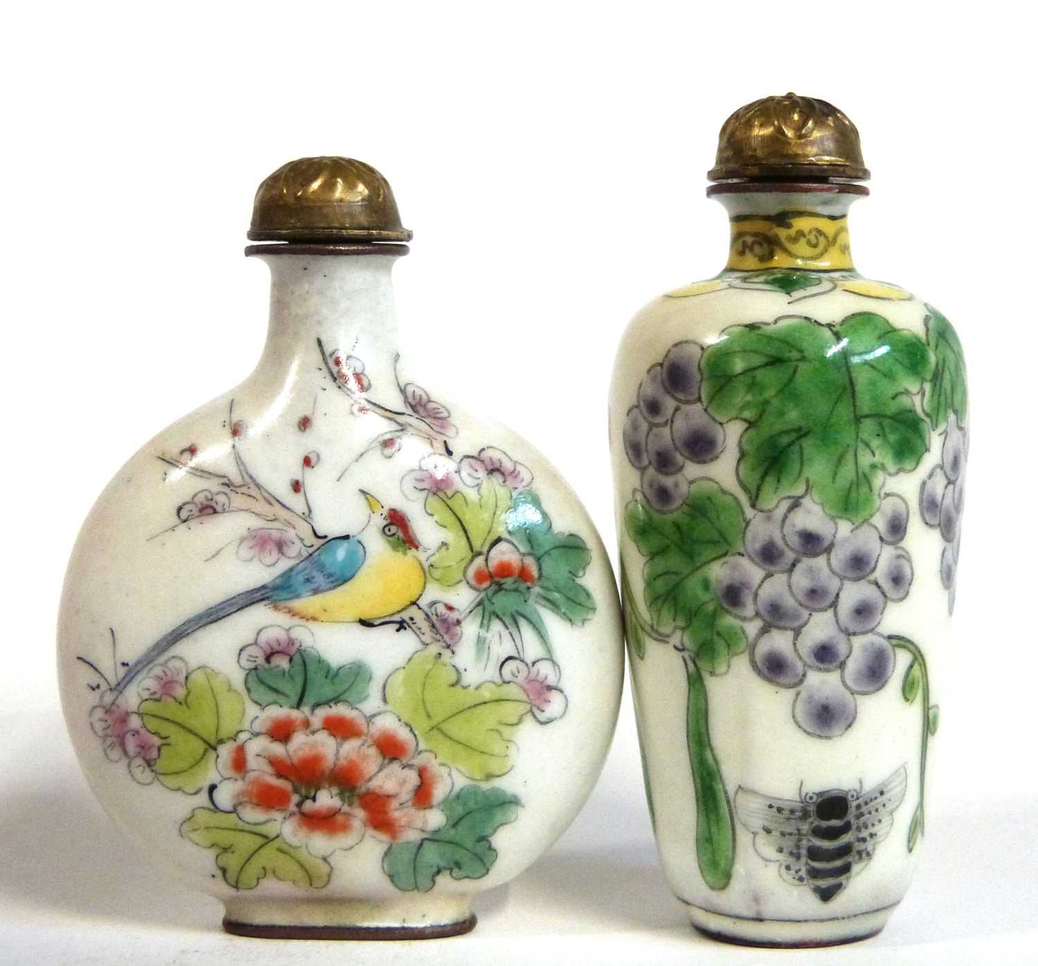 Two Chinese enamel scent bottles with covers, one with painted decoration of flowers and fruit,