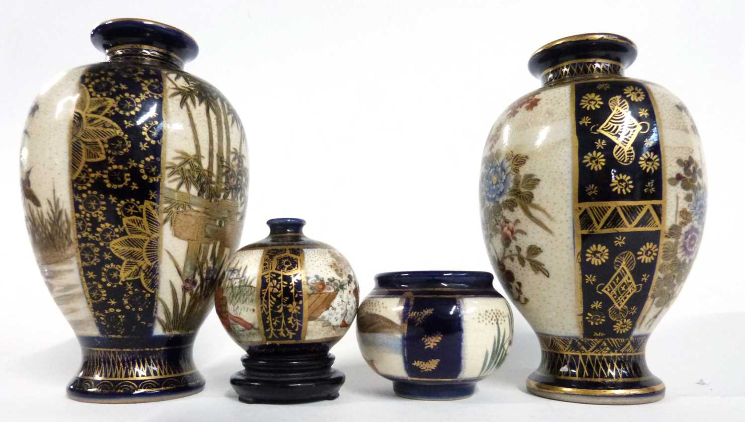 A group of Satsuma ware vases of baluster shape with gilt decoration of birds amongst branches - Image 4 of 8