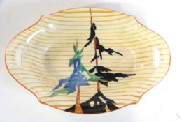 A small Clarice Cliff Bizarre dish with the coral firs pattern, 17cm long