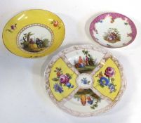 A Meissen saucer with printed design together with a Meissen yellow ground saucer, the centre with a