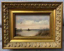 James J.Allen (British, contemporary), 'Duck over Reedham Marsh, Norfolk', oil on board, signed,5.