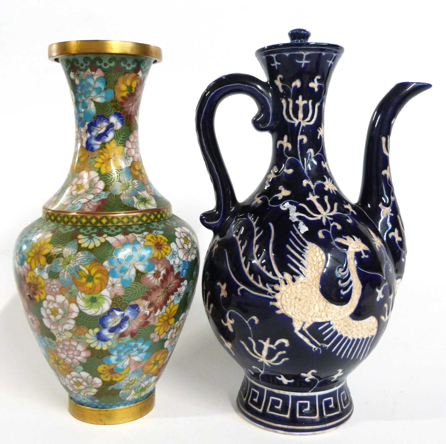 A Cloisonne vase with floral decoration together with a continental earthen ware ewer and cover, the