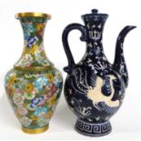 A Cloisonne vase with floral decoration together with a continental earthen ware ewer and cover, the