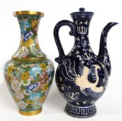 A Cloisonne vase with floral decoration together with a continental earthen ware ewer and cover, the