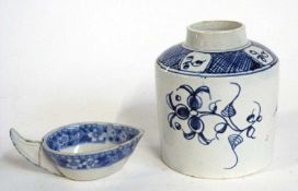 A late 18th Century Pearl ware tea caddy with blue and white floral design together with a flow blue
