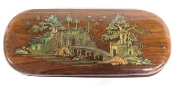 A calligraphy set in rectangular box, the top with an inlaid carved design of a Chinese bridge and