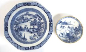 18th Century Chinese bowl together with an 18th Century Chinese saucer with blue and white