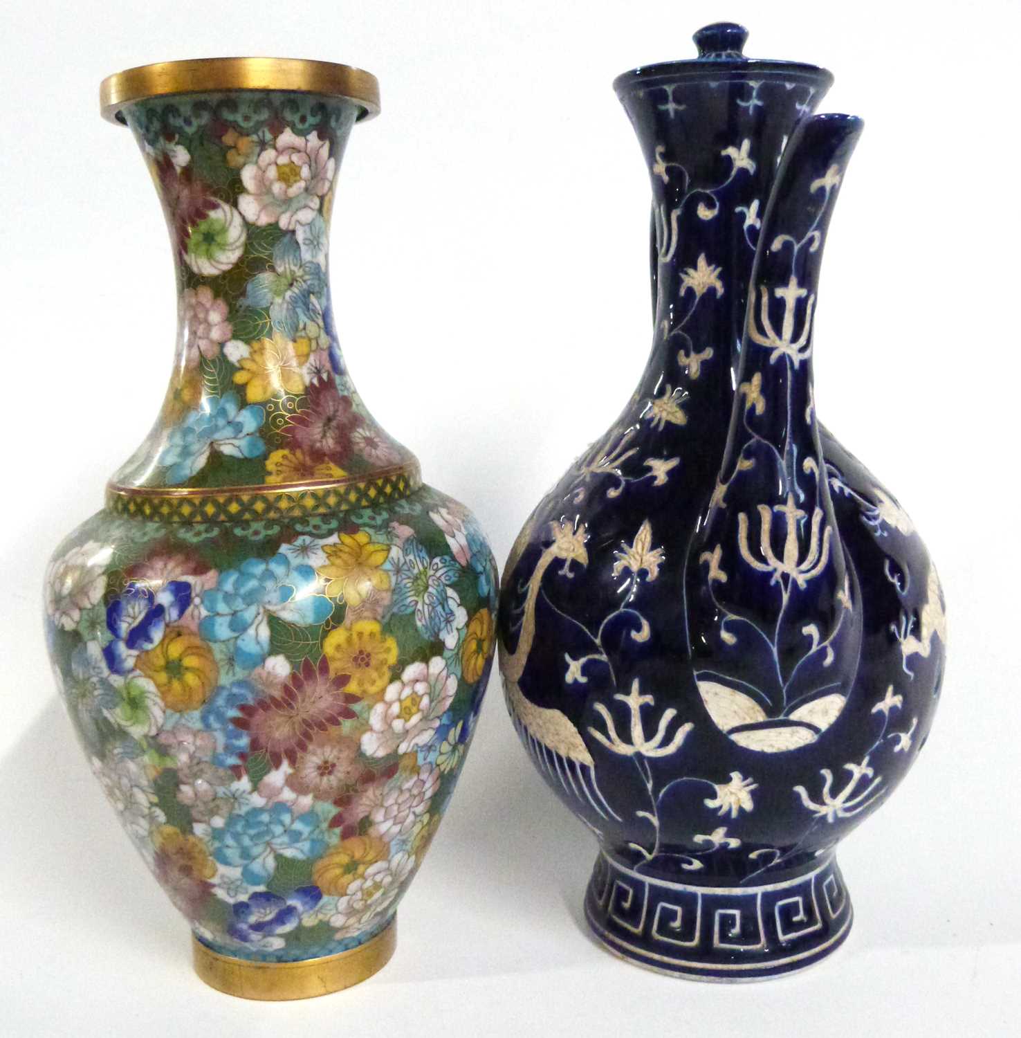 A Cloisonne vase with floral decoration together with a continental earthen ware ewer and cover, the - Image 2 of 6