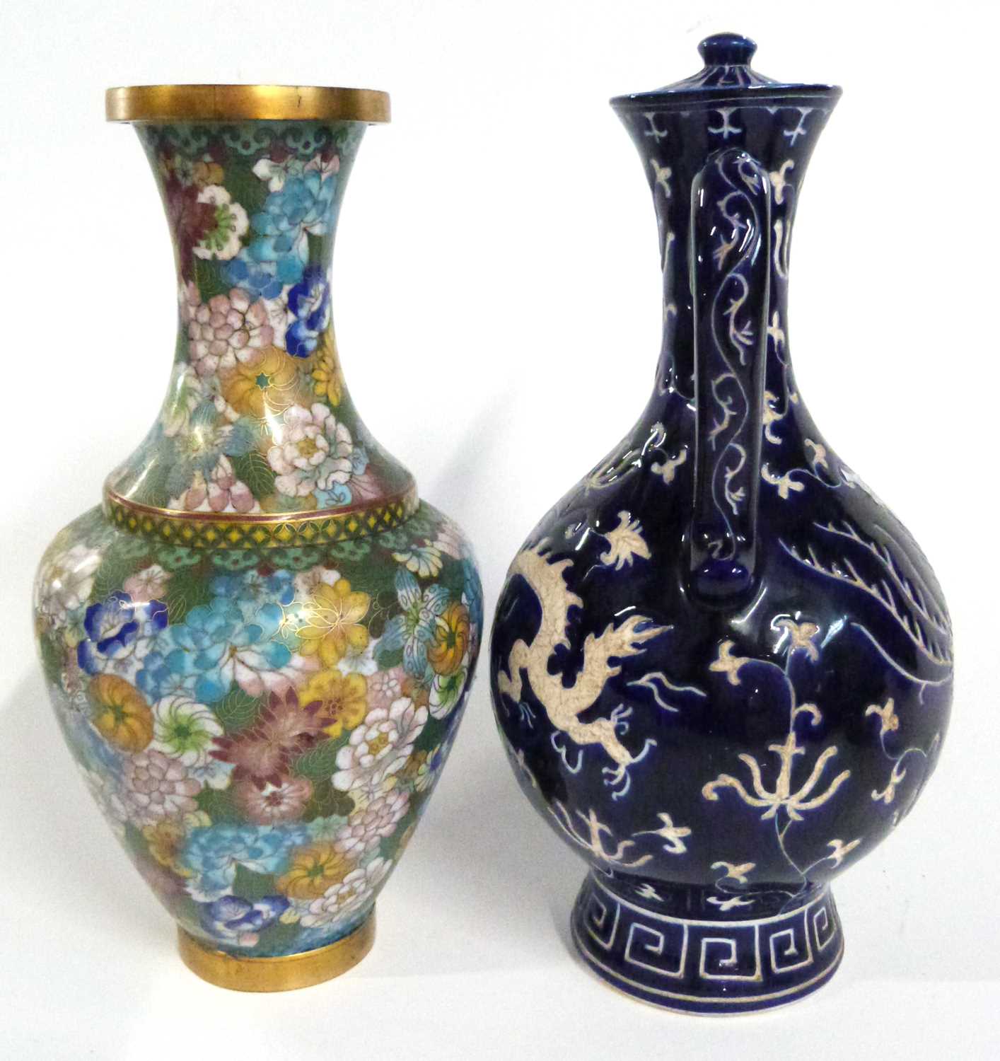 A Cloisonne vase with floral decoration together with a continental earthen ware ewer and cover, the - Image 5 of 6