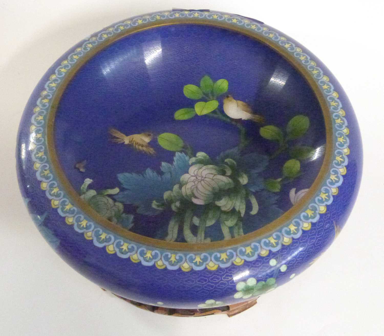 A large Cloisonne bowl, the blue ground finely decorated with flowers and birds, the bowl raised - Image 2 of 4