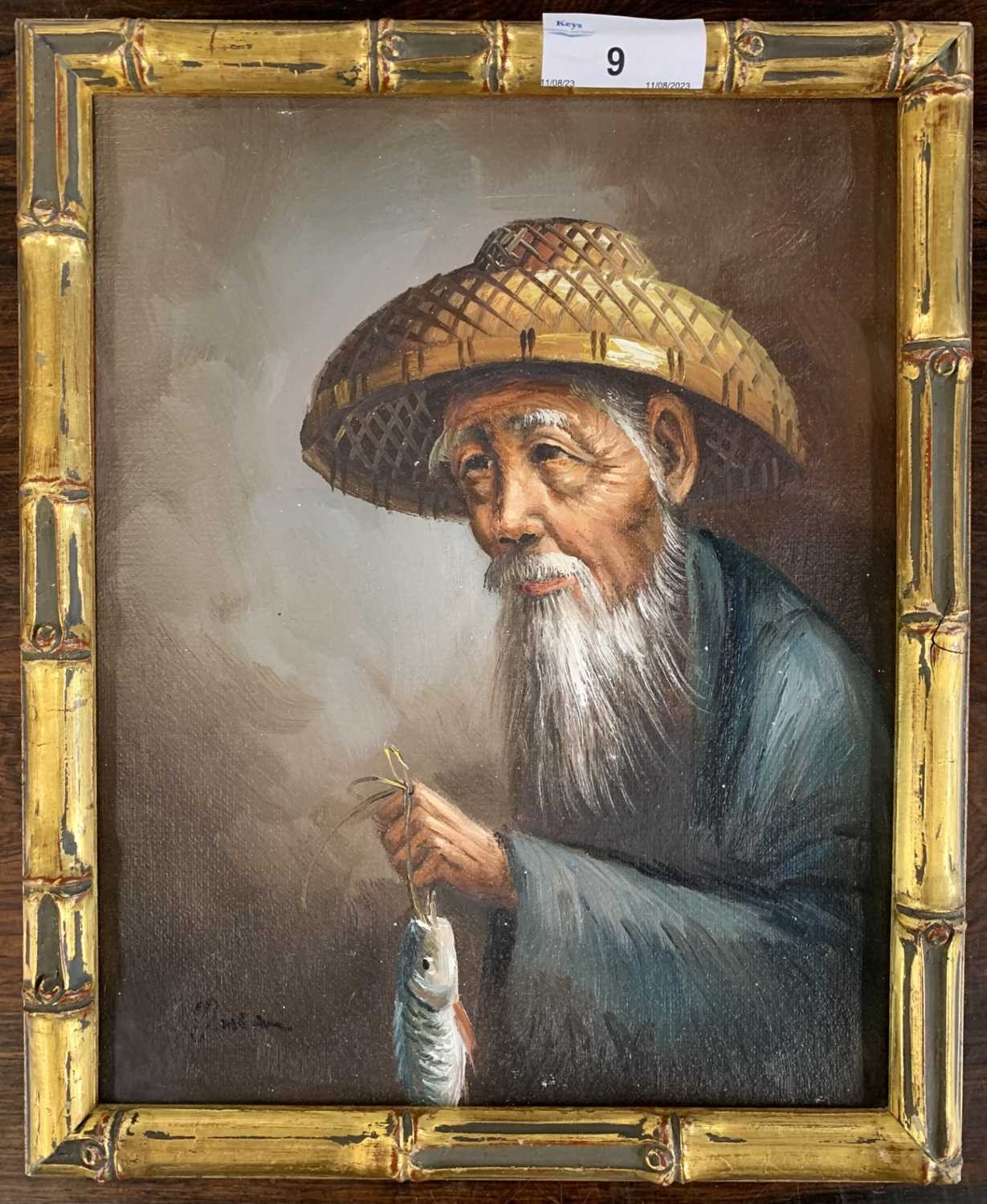 Follower of H.Cheang (Chinese, 20th century), Chinese Fisherman, oil on canvas, signed,19x24cm, - Image 2 of 2