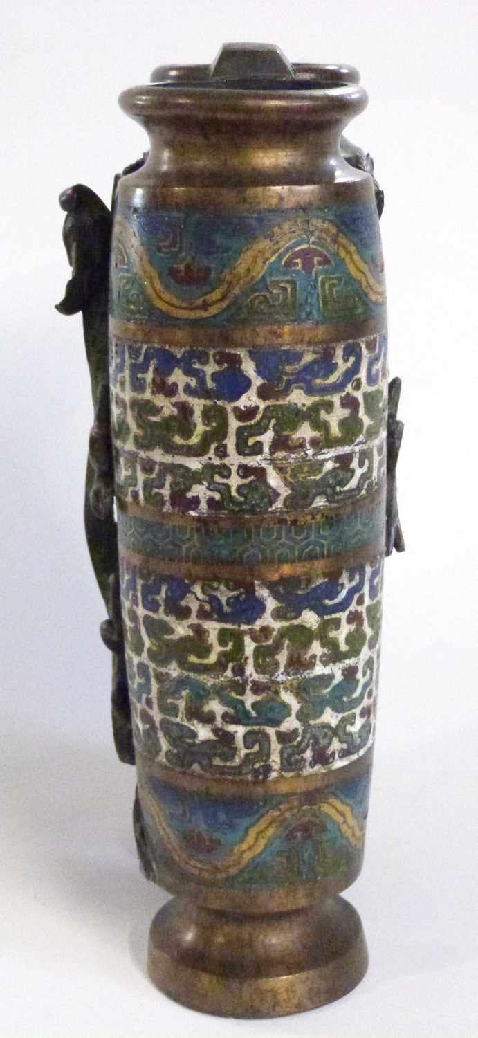 Pair of Chinese metal ware vases decorated in Ming Cloisonne style with banded decoration of - Image 5 of 9