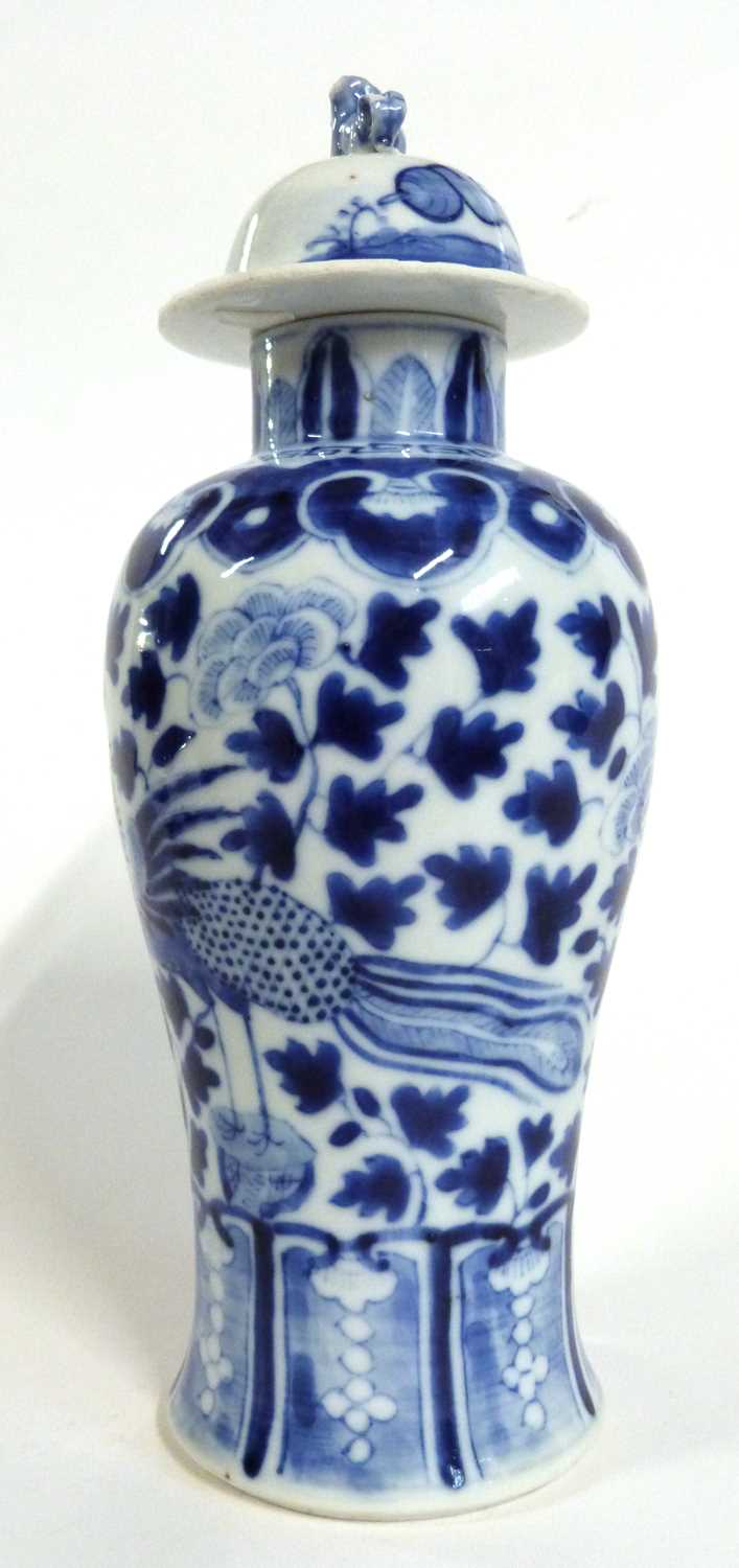 Chinese porcelain vase with blue an white decoration of a phoenix amongst flowers, four character - Image 3 of 8