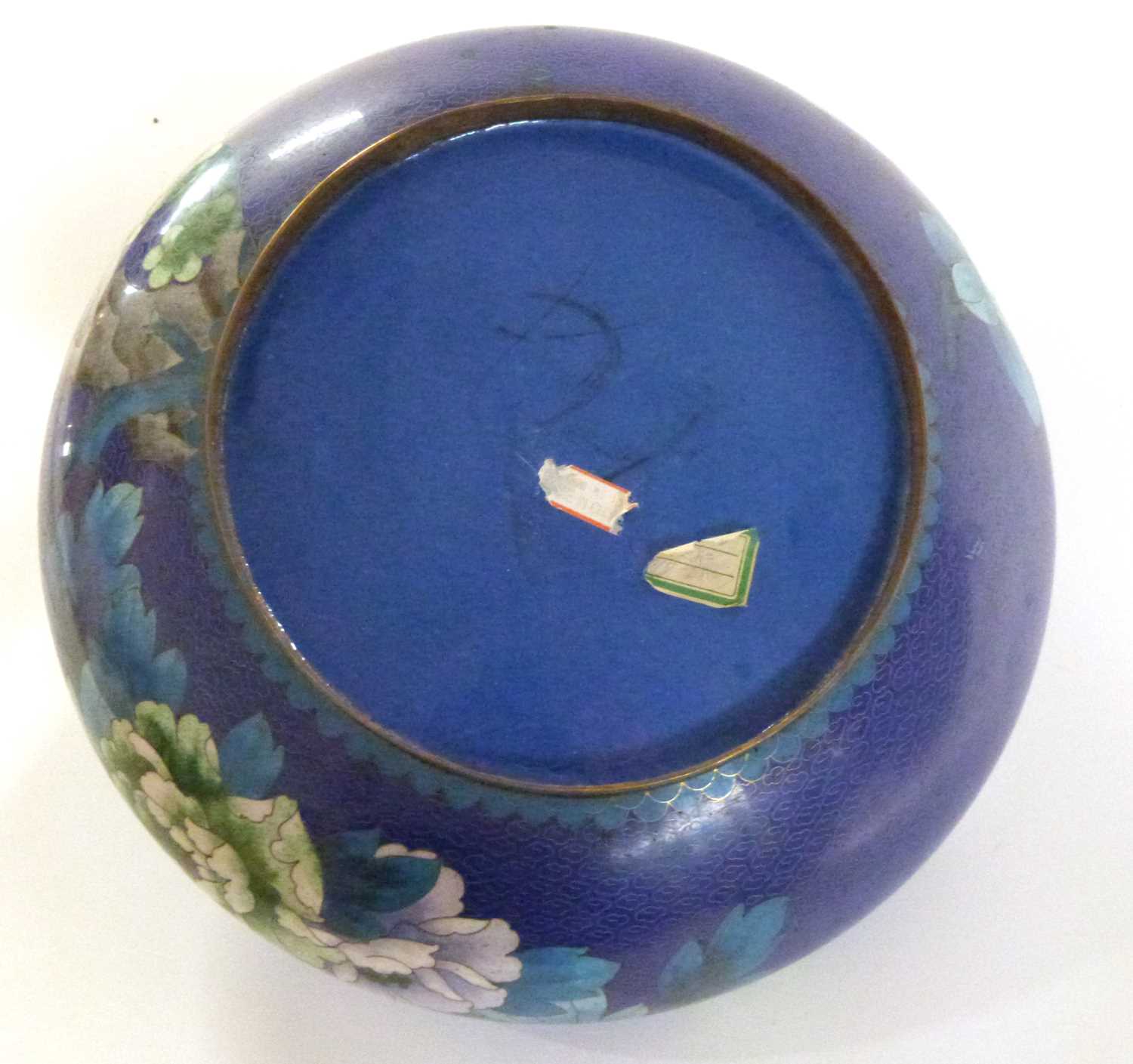 A large Cloisonne bowl, the blue ground finely decorated with flowers and birds, the bowl raised - Image 4 of 4