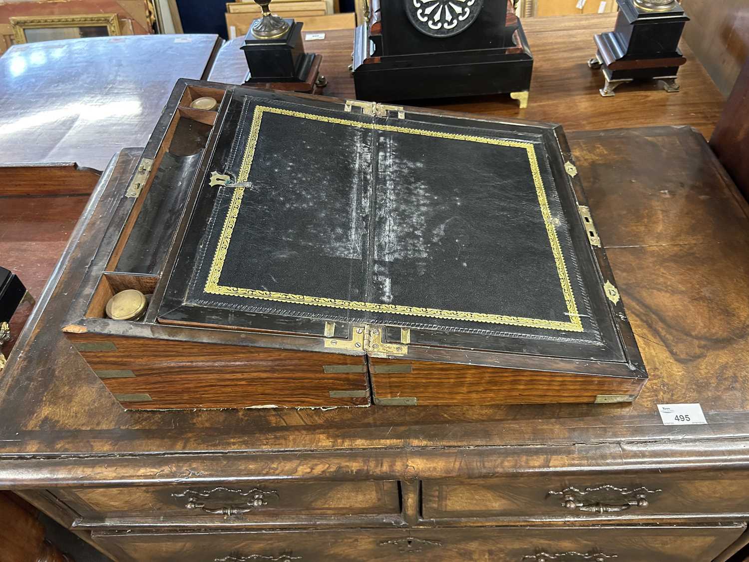 Victorian walnut and brass bound writing box of hinged rectangular form with fitted interior, 40cm - Image 3 of 3