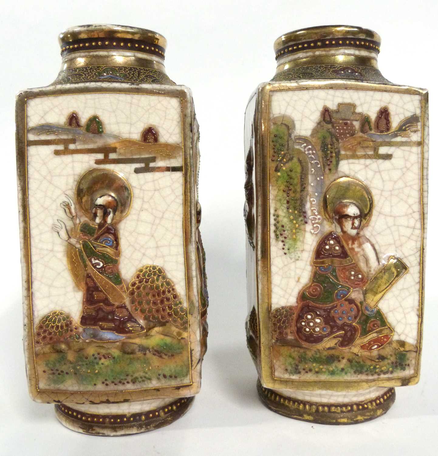 A pair of Japanese Satsuma vases of faceted form decorated with alternate panel of sages with - Image 4 of 9