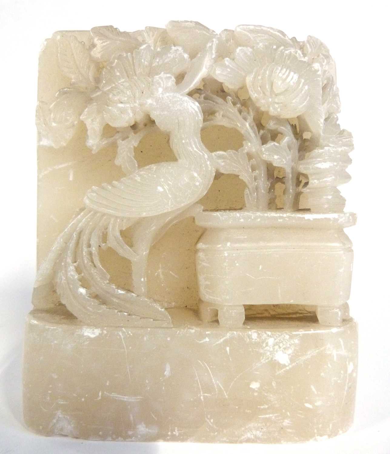A rectangular soap stone block carved in relief with birds and flowers, 16cm high - Image 2 of 6