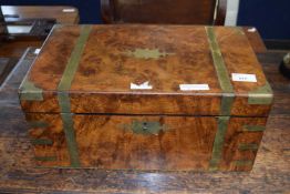 Victorian walnut and brass bound writing box of hinged rectangular form with fitted interior, 40cm