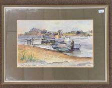 Irene Ogden (British, 20th century), Moored boats on a coastline, watercolour,13x21ins, signed,