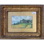 Naive School, circa early 20th century, A view from grassland of cottages and the coast with