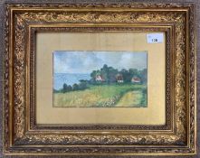 Naive School, circa early 20th century, A view from grassland of cottages and the coast with