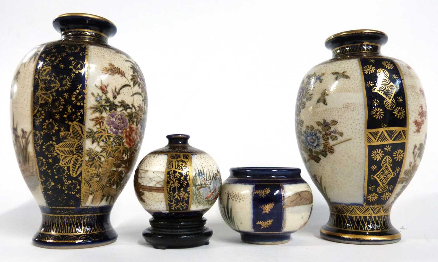 A group of Satsuma ware vases of baluster shape with gilt decoration of birds amongst branches - Image 2 of 8