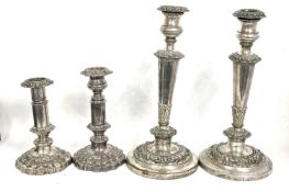 Two pairs of Victorian silver-plated candle sticks (a/f) 30cm and 20cm tall