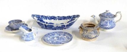 A group of Staffordshire blue printed wares including a small Davenport teapot and matching cup,