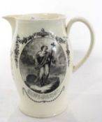 A late 18th Century cream ware jug decorated with prints of faith and charity with monogram and date