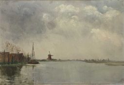 In the manner of Marcus Ford (British,1914-89), An estuary view with resting boat and a windmill