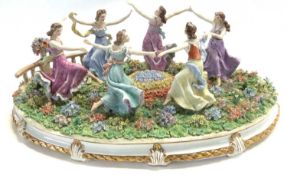 A large continental porcelain table centre piece with a group of six maidens dancing around a