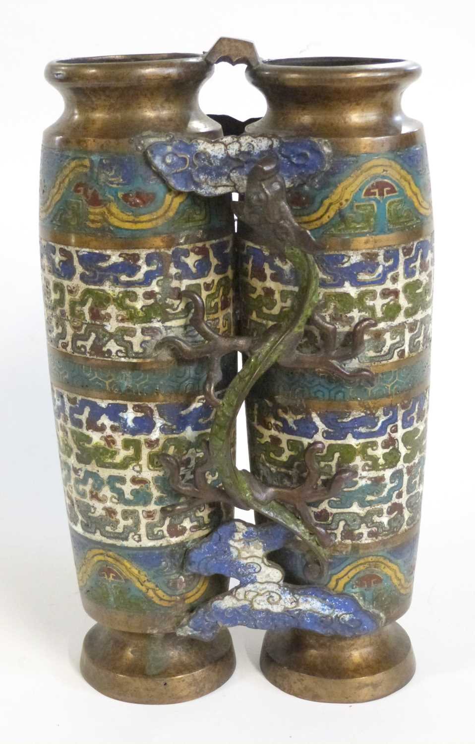 Pair of Chinese metal ware vases decorated in Ming Cloisonne style with banded decoration of - Image 2 of 9