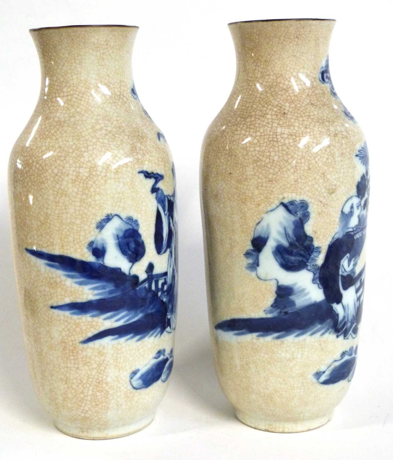 A pair of Chinese porcelain vases, late 19th Century of cylindrical form, the crackle ware ground - Image 2 of 7