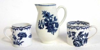 A Caughley jug with blue printed design together with a Booths small mug and a Booths jug