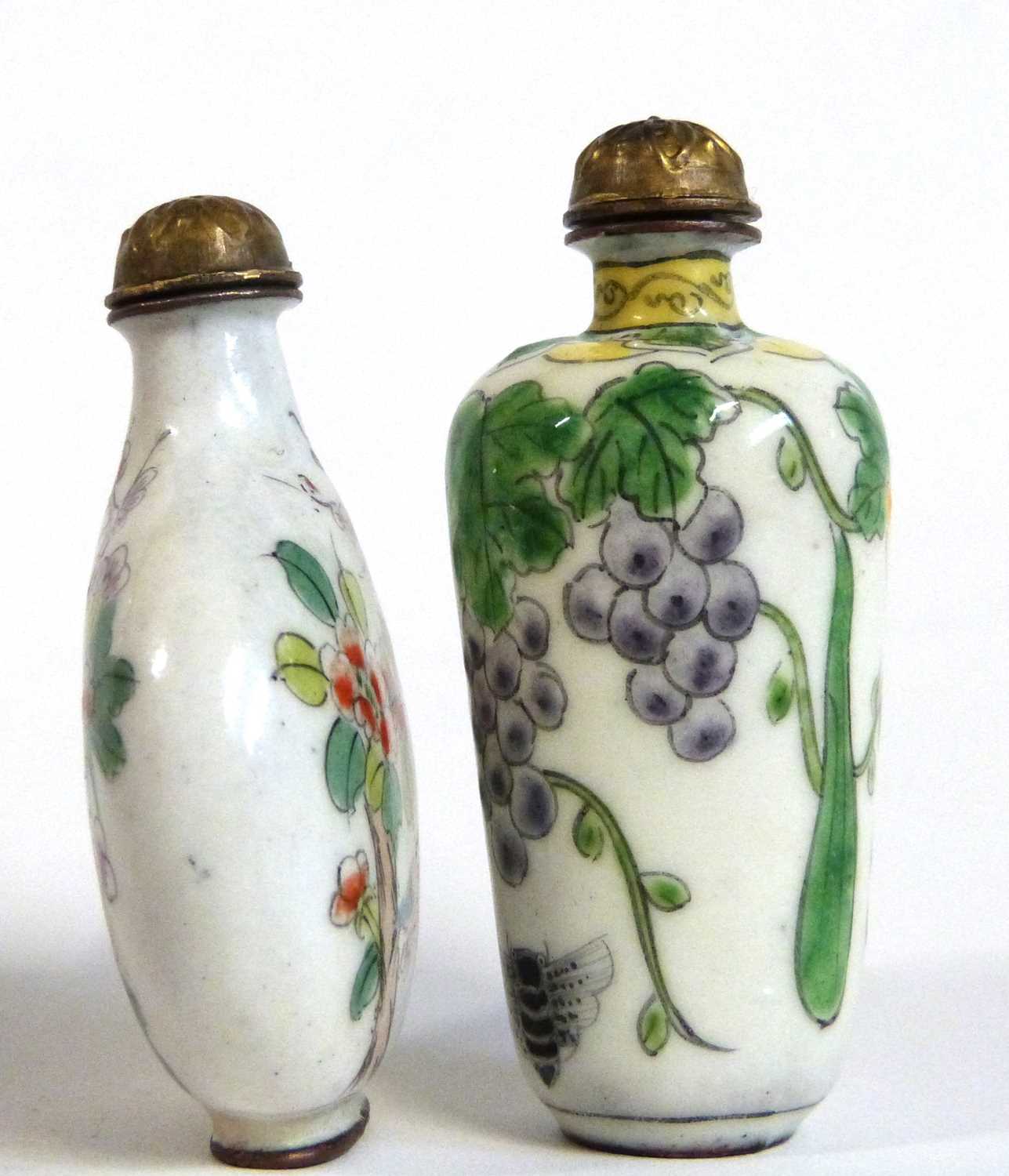 Two Chinese enamel scent bottles with covers, one with painted decoration of flowers and fruit, - Image 2 of 6