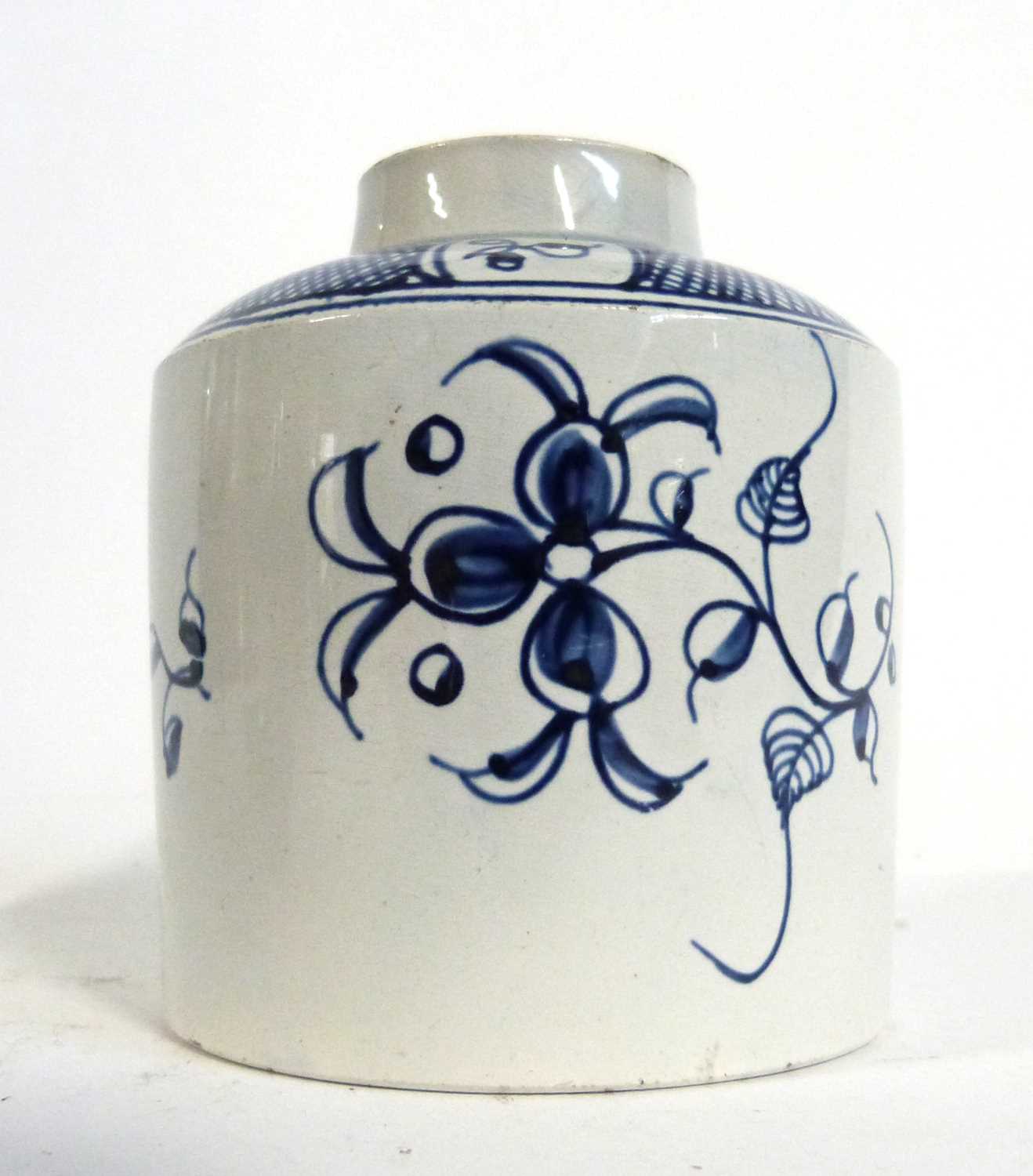 A late 18th Century Pearl ware tea caddy with blue and white floral design together with a flow blue - Image 4 of 8