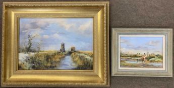 Maureen Norton (British, 20th century), "Mill near Reedham" and another smaller landscape scene,