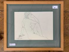 Toni Hayden (British, contemporary), seated female nude study, pen on paper, signed, 8x11ins, framed