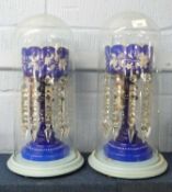 Pair of blue glass table lustres under glass domes, the lustres with white painted floral