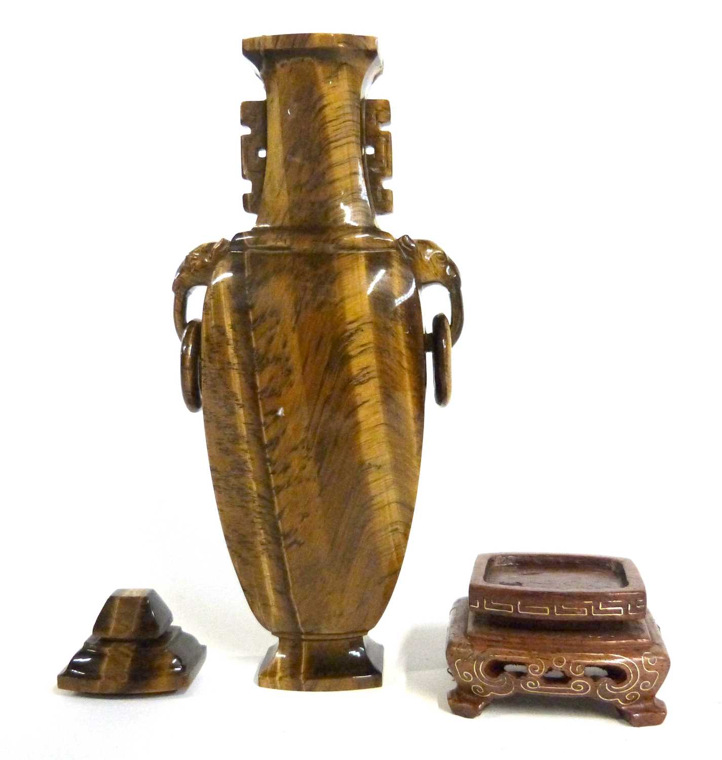 A Chinese lacquered tigers eye vase and stand, 14cm high - Image 6 of 6