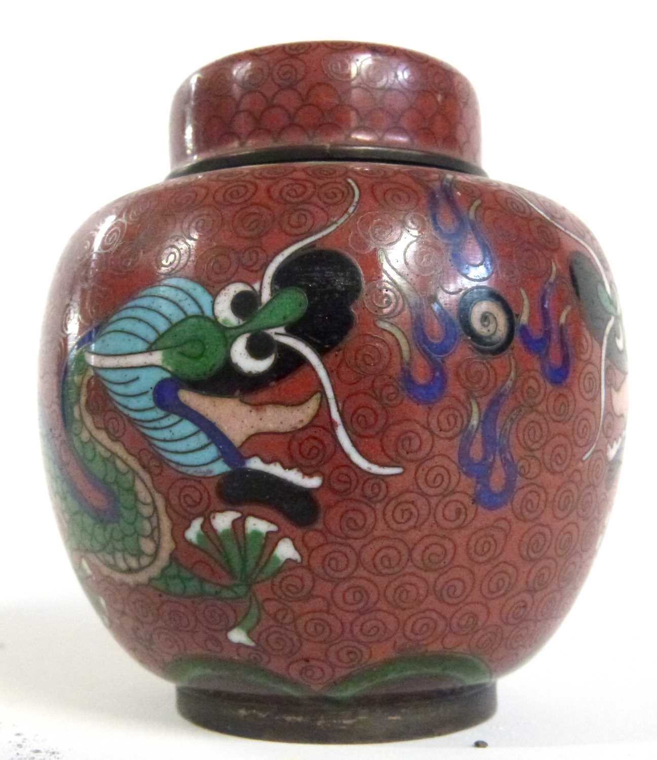 Cloisonne incense burner of globular form with pierced cover together with a small Cloisonne jar and