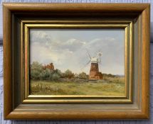 James J.Allen (British, contemporary), countryside landscape with windmill and distant buildings,