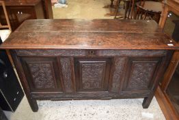 Large 18th Century oak coffer with three panelled front bearing initials MB and dated 1721, 138cm