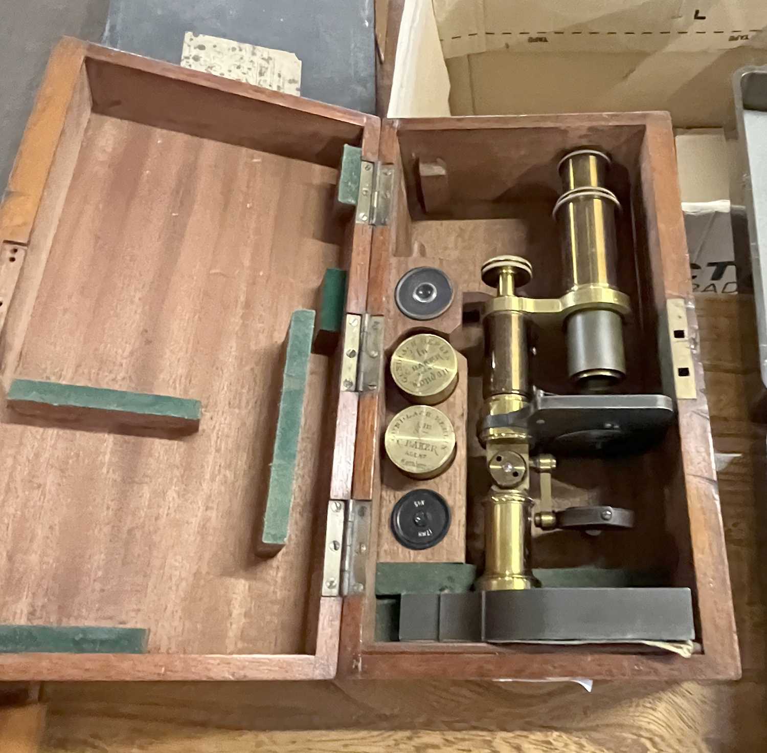 Baker - A brass and Steel cased monocular microscope set in hardwood case - Image 2 of 2