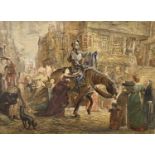 British School, 20th century, street procession scene (possibly Don Quixote), watercolour,