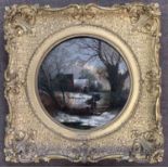 Robert Burrows (British,1810-1883), Travelling Figure in a winter landscape, oil on board,