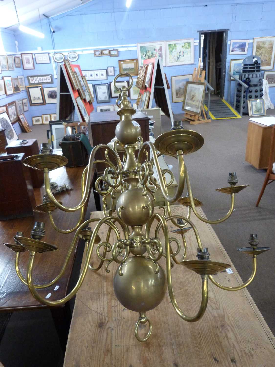 A large reproduction Dutch style brass light fitting, fitted with twelve scrolled arms, approx - Image 2 of 5