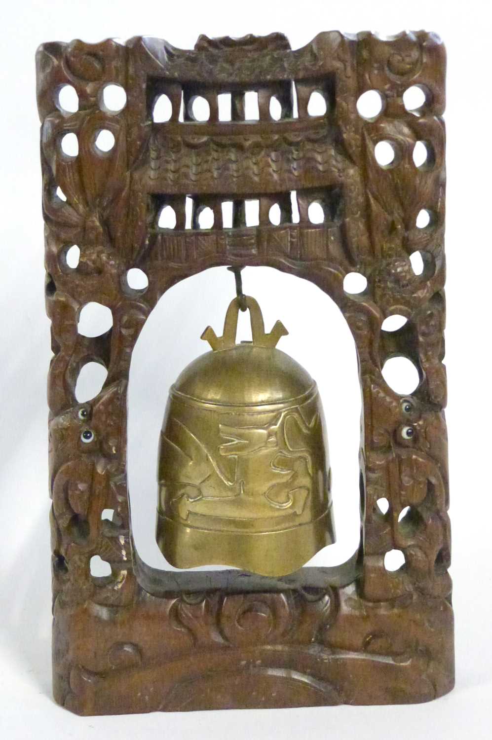 Chinese temple bell, the brass bell mounted on carved wooden rectangular mounts, 35cm high - Image 2 of 4